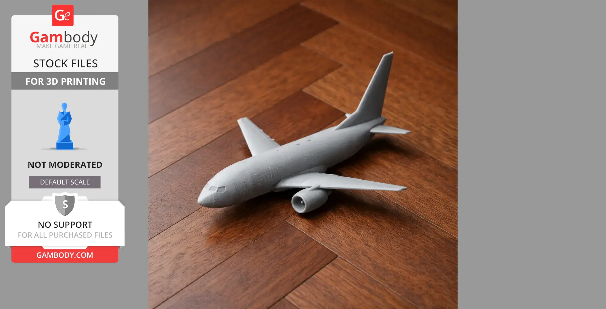 Gray 3D-printed model of a Boeing 737 airplane on a wooden surface.