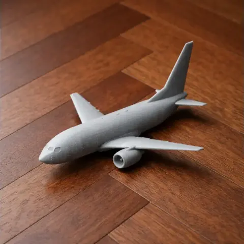 Gray 3D-printed model of a Boeing 737 aircraft on a wooden surface.