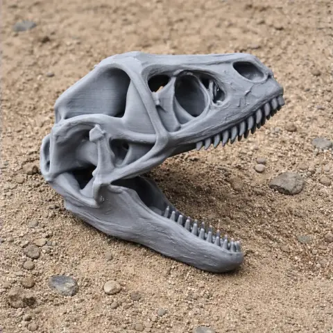 3D-printed grey Bambiraptor skull replica displayed on a sandy surface.