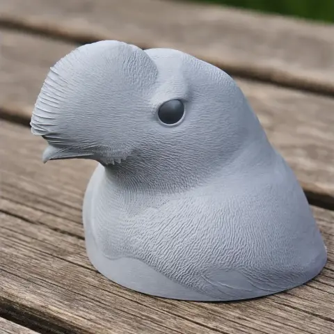 3D printed bust of an Andean Cock-of-the-rock with detailed feathers, set on wooden surface.