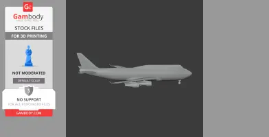 Gray 3D model of a Boeing 747 airplane, side view, displayed on a dark background.