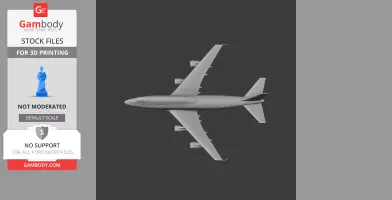 Gray 3D model of a Boeing 747 airplane viewed from above, on a dark background.