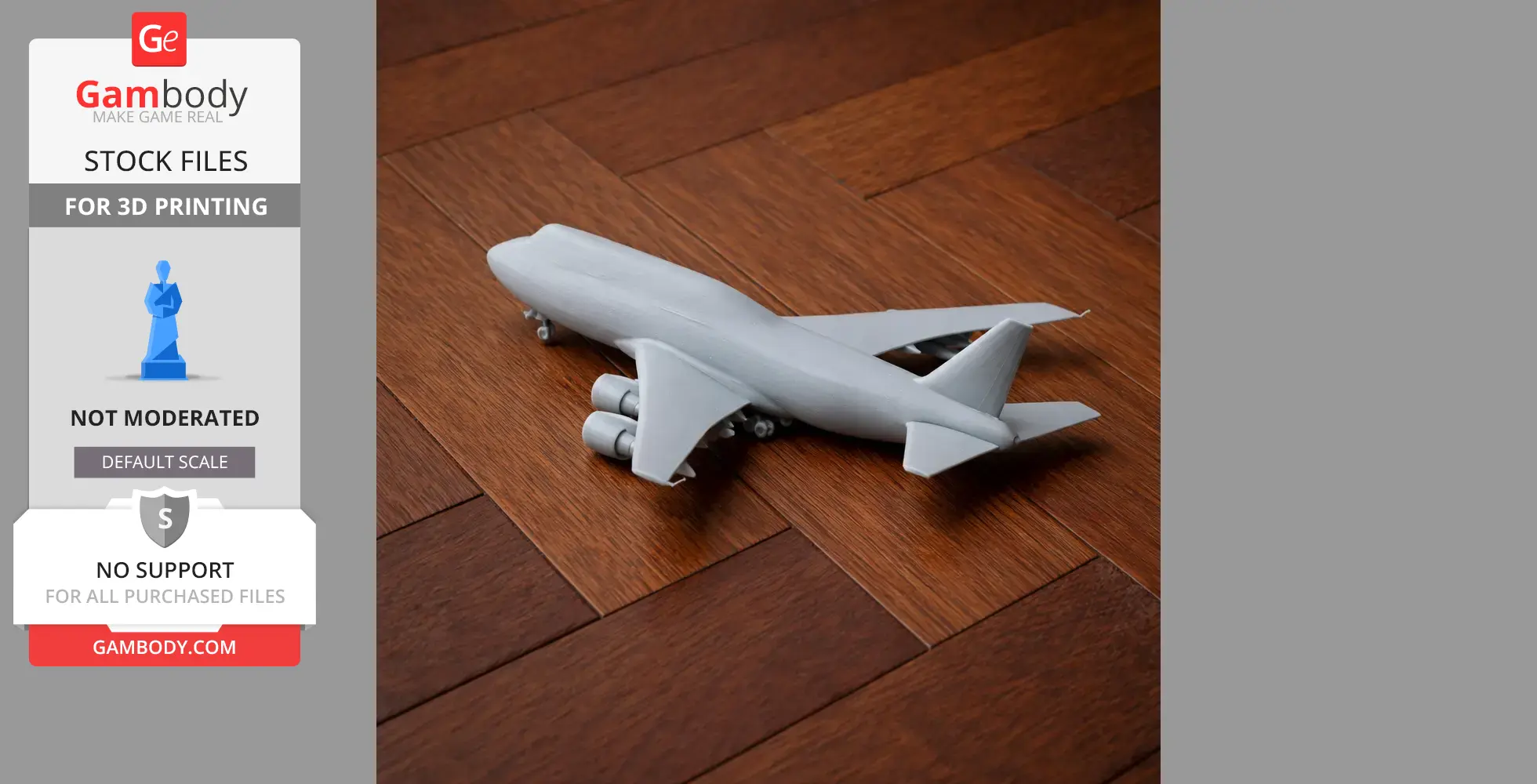Gray 3D-printed Boeing 747 model on a wooden surface.
