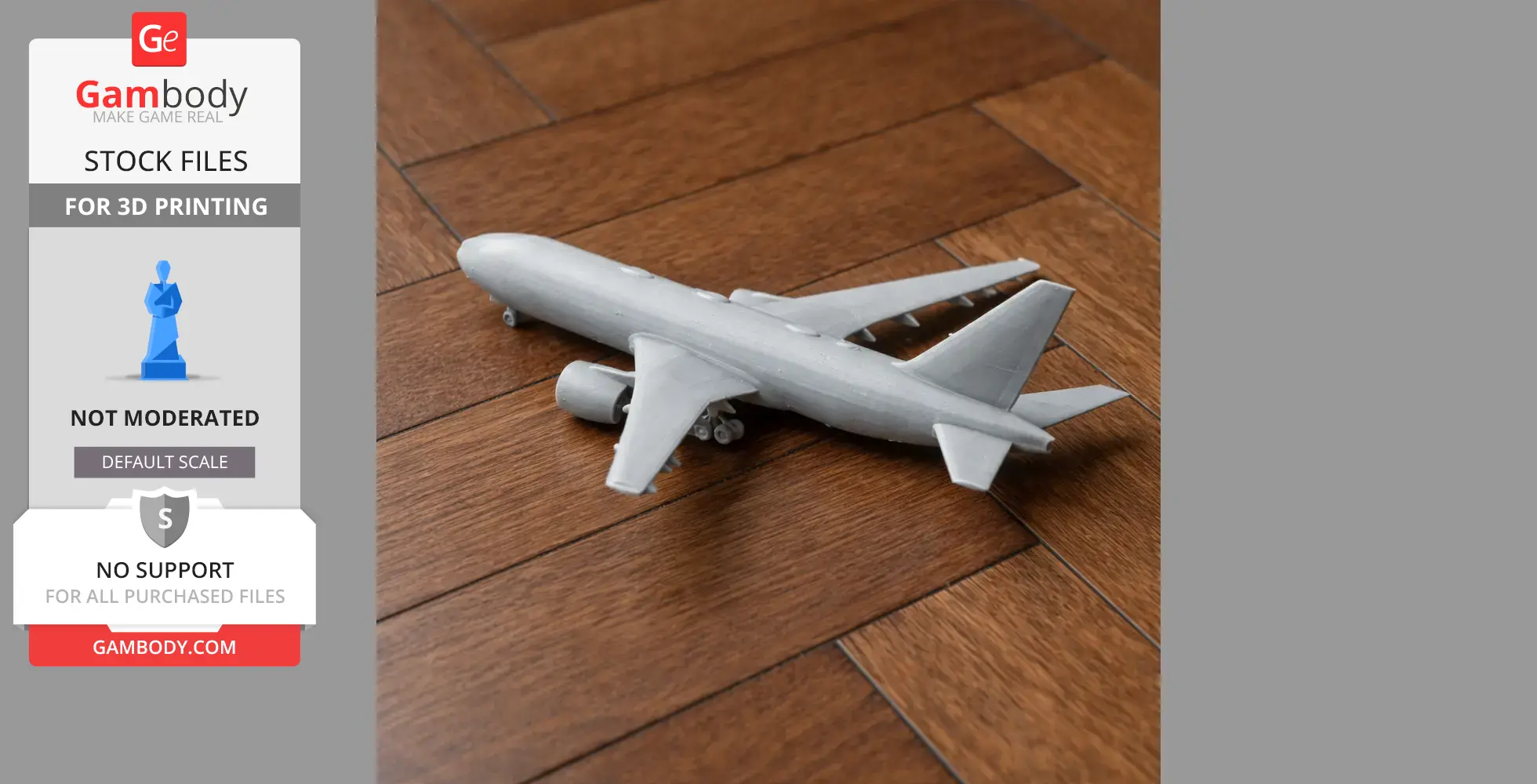 3D printed model of a Boeing 777 airplane, displayed on a wooden surface.