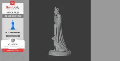 A statue of Saint Ailbe in robes with a dog at his feet, standing on a decorative base.