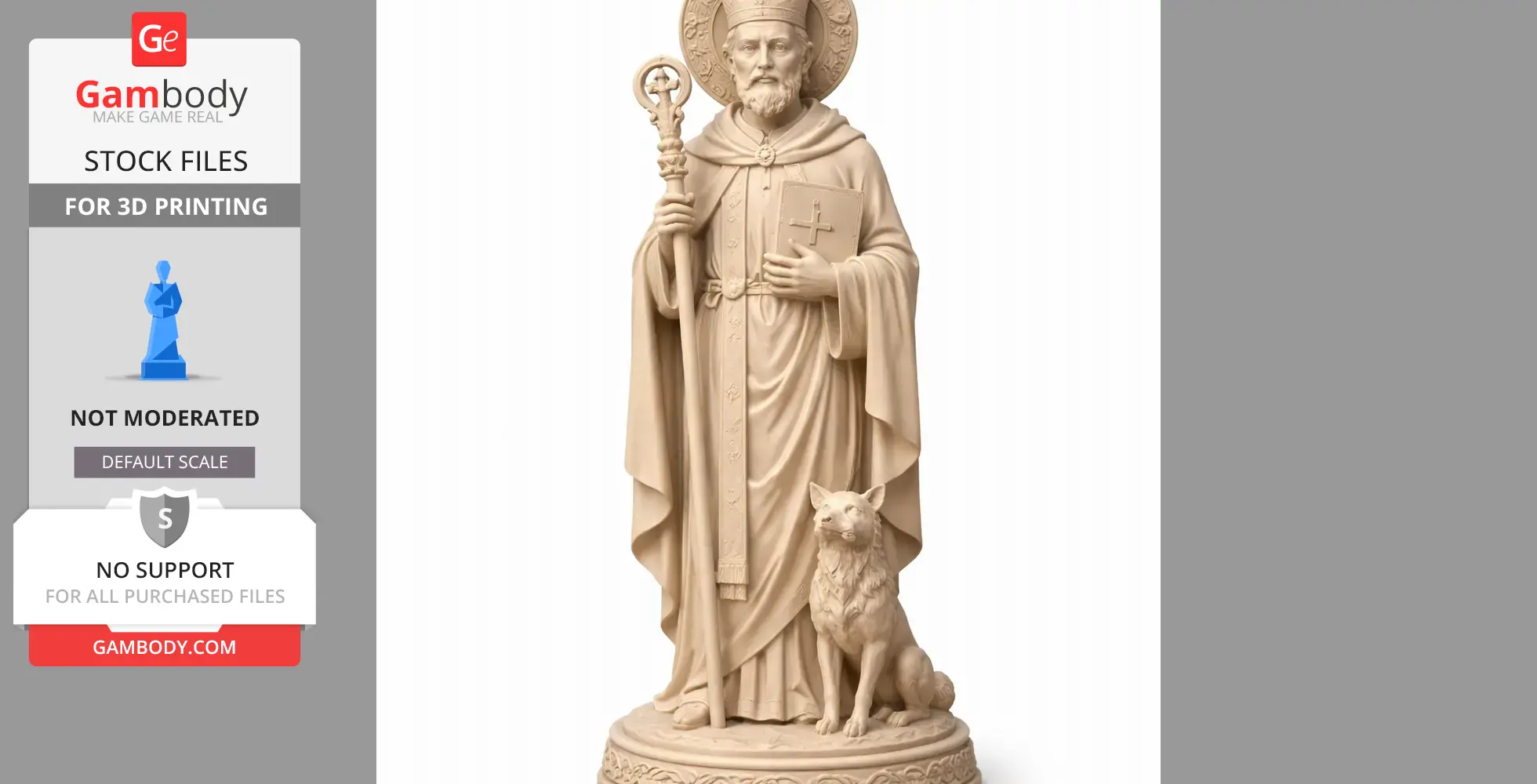 A 3D statue of Saint Ailbe holding a staff, with a wolf by his side, standing on a decorative base.