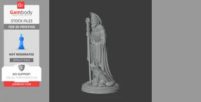 A 3D model of a robed figure holding a staff, with a dog sitting at their feet, on a decorative base.
