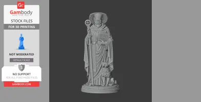 A detailed 3D statue of a robed saint holding a staff and book, with a dog at his feet on a round base.
