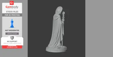 A detailed 3D model of a cloaked figure holding a staff, with a halo-like disc around its head, on a decorative base.