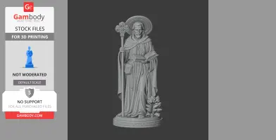 Statue of a saint holding a staff and open book, with a halo and a small plant at the base.