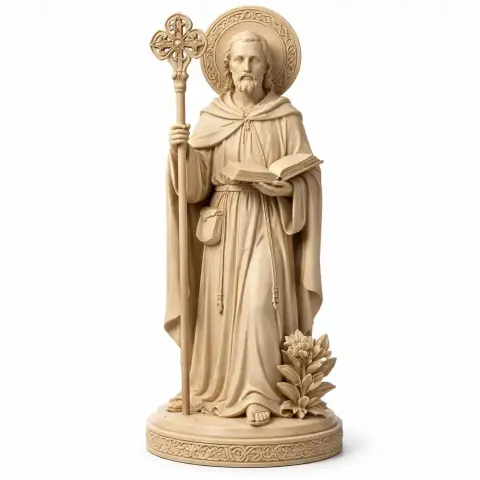 A robed figure with a staff and book, adorned with a halo, standing on a decorative base.