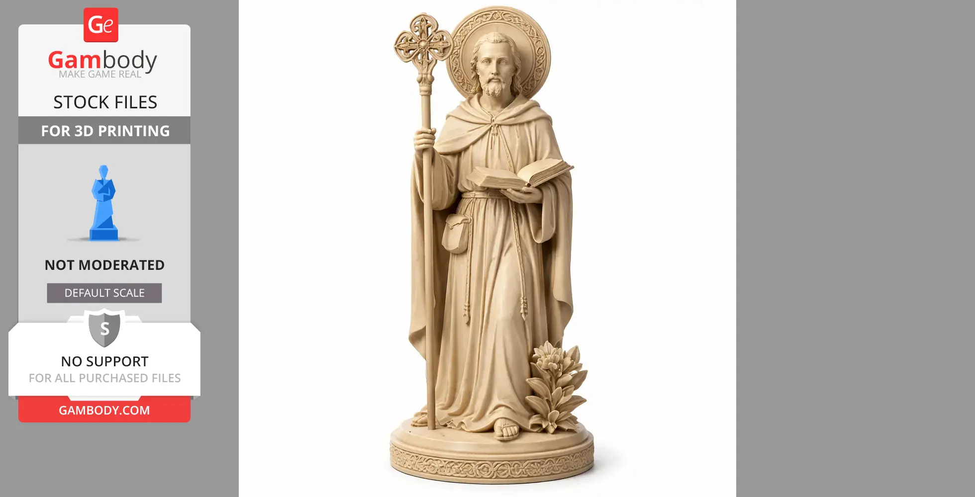 A detailed statue of a saint holding a staff and book, with floral elements at the base.