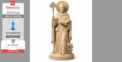 A detailed statue of a saint holding a staff and book, with floral elements at the base.
