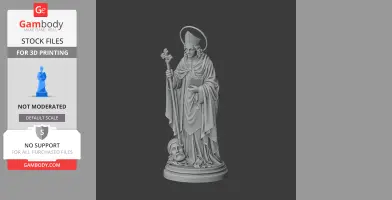 A detailed 3D model of Saint Alban of Mainz holding a staff, in a devotional pose.