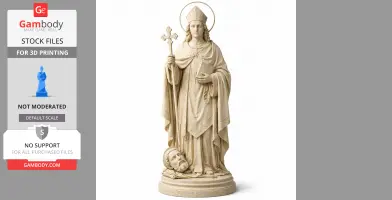 Statue of Saint Alban of Mainz holding a cross, wearing robes, with a head at his feet.