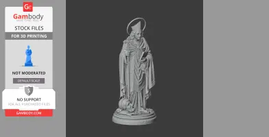 A 3D model of a robed saint with a halo, holding a staff and book, standing on a base with a head.