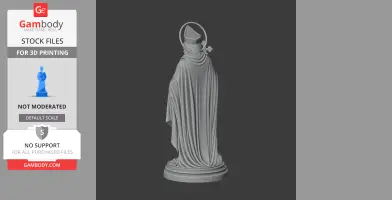 A draped devotional statue with a halo and detailed base, ready for 3D printing.
