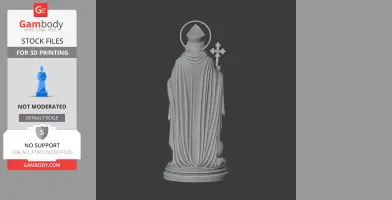 Statue of a robed figure with a halo and staff, standing on a pedestal, facing away.