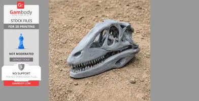 3D-printed Boreonykus skull replica on a textured, sandy surface.