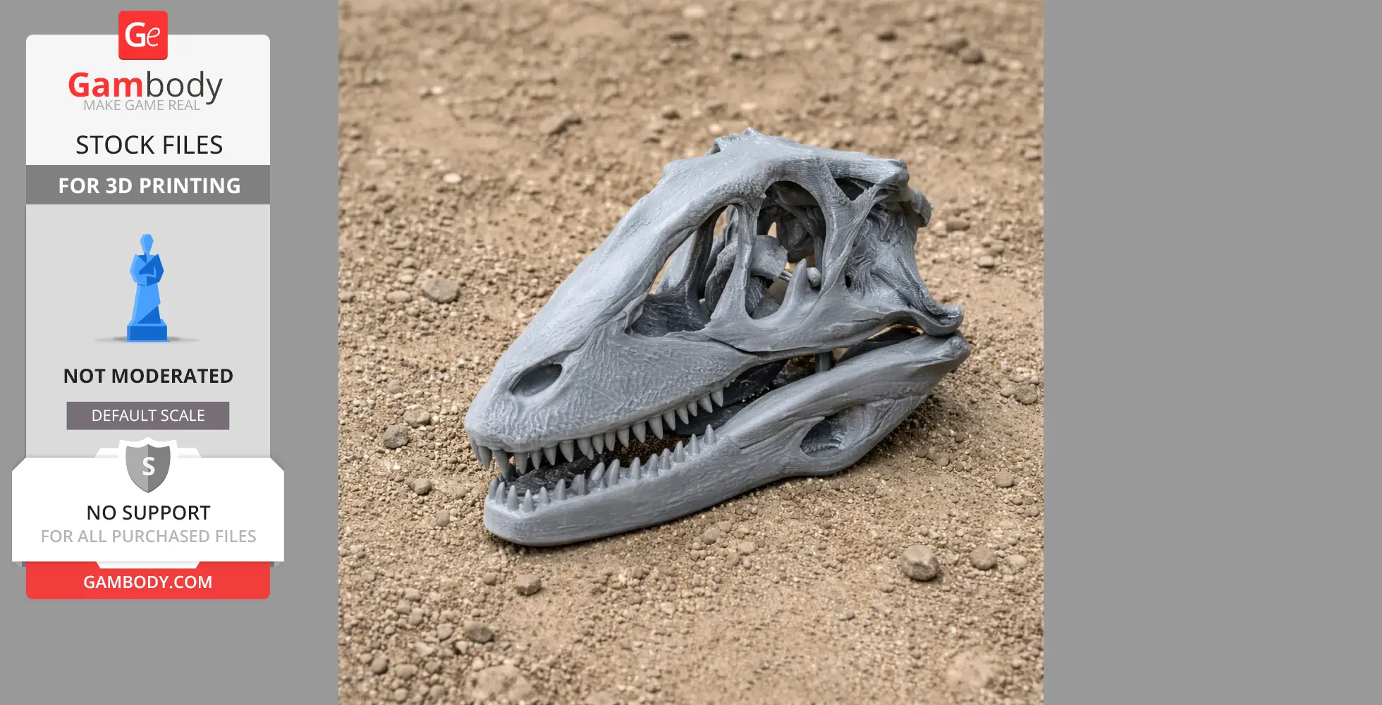 3D-printed Boreonykus skull replica on a textured, sandy surface.