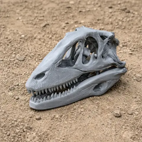 3D-printed replica of a Boreonykus dinosaur skull, detailed and displayed on a textured surface.
