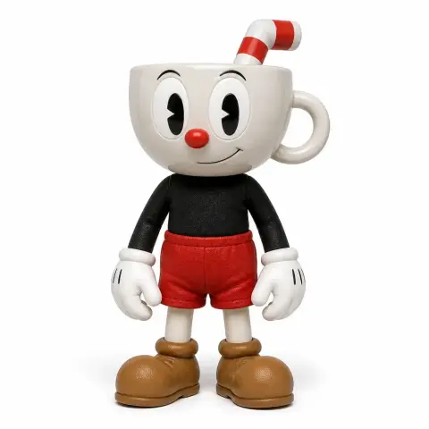 Cartoon character with a cup head, red straw, red shorts, and brown shoes, standing and smiling.
