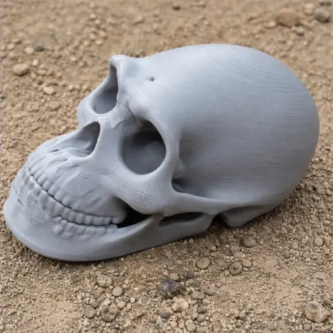 A gray 3D-printed skull model resting on a sandy surface.