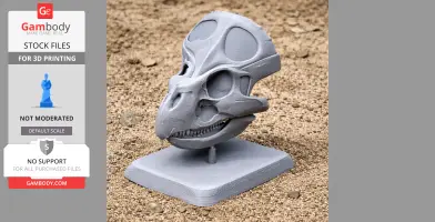 3D-printed Breviceratops skull replica on a sandy surface with a display stand.