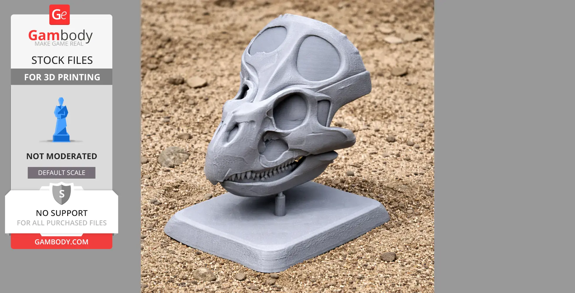 3D-printed Breviceratops skull replica on a sandy surface with a display stand.