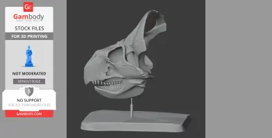 3D model of a Breviceratops skull replica on a stand, designed for 3D printing.