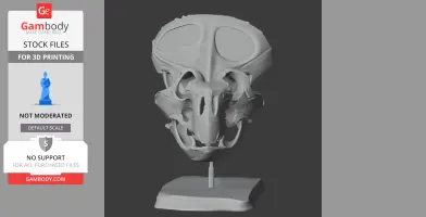 A 3D model of a Breviceratops skull on a stand, designed for 3D printing.