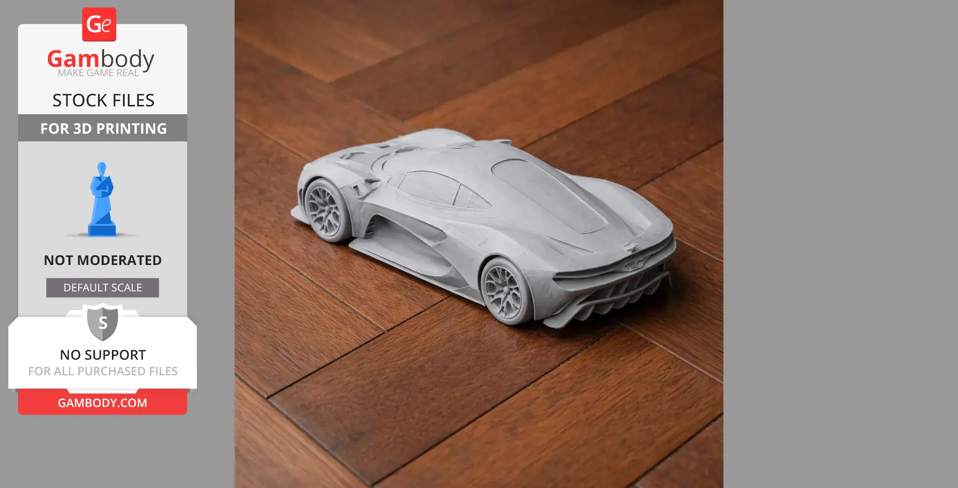 3D printed scale model of a Brabham BT62 race car on a wooden floor.