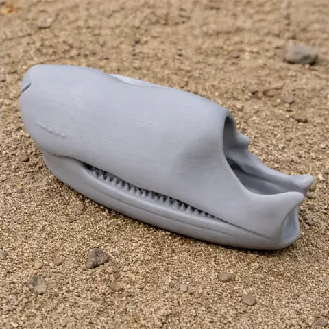 A smooth, gray, 3D-printed skull replica with ridged details, resting on a sandy surface.