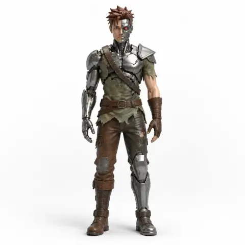 Cyborg figurine from Terraria with metal armor, brown pants, and a rugged look for 3D printing.