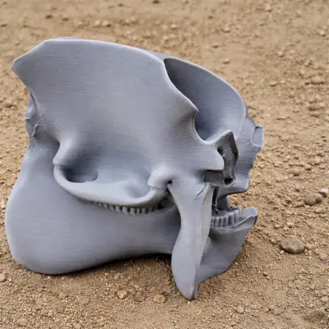 A 3D-printed gray Caletodraco skull replica resting on a sandy surface.