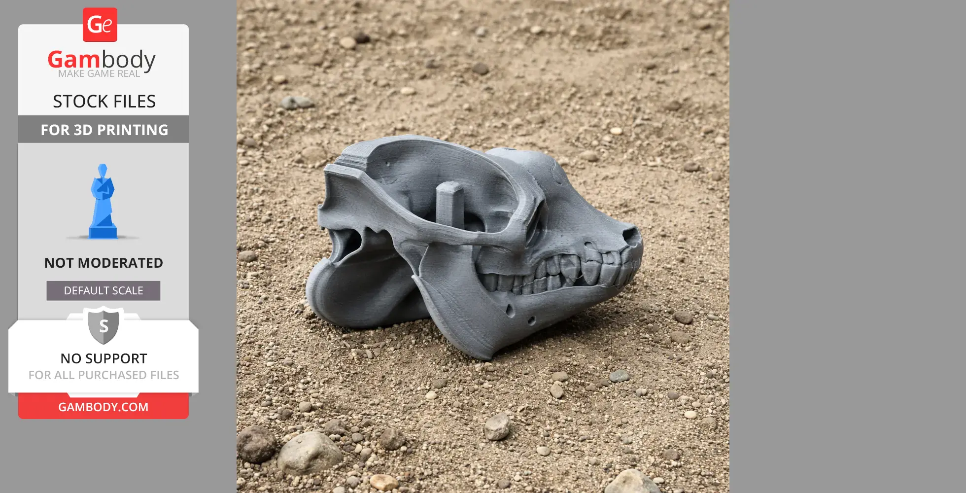 Gray 3D-printed camel skull replica on a dirt surface.