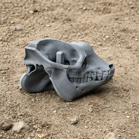 3D-printed gray Camelotia dinosaur skull replica on a sandy ground.