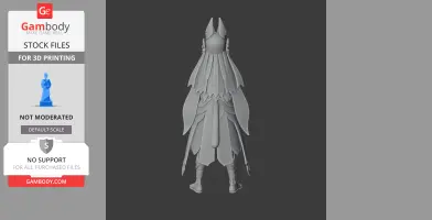 Stylized figure with layered, feather-like armor and a tall headdress, viewed from the back.