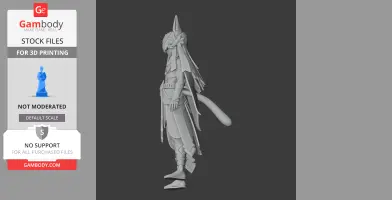 3D model of a detailed character in intricate attire with a long headpiece and accessories, side view.