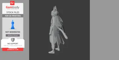 A 3D model of a standing character with a long cloak and helmet, viewed from the side.