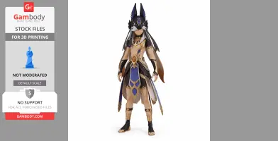 A detailed 3D model of a character with an Anubis-like headdress, ornate attire, and sandals from Genshin Impact.