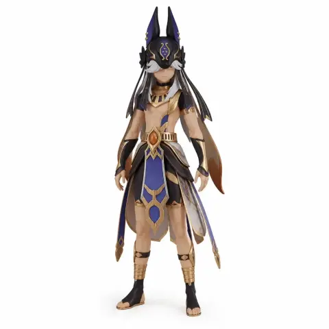 A detailed 3D figurine of a warrior with a jackal-like helmet, Egyptian-inspired armor, and blue accents.