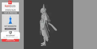 A 3D model of a character wearing ornate armor with an animal-themed helmet, viewed from the side.