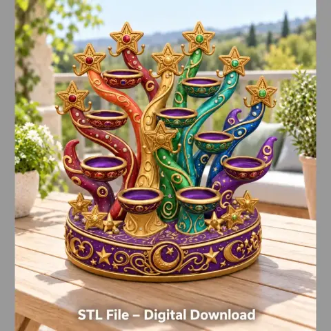 Colorful star-shaped tree organizer with celestial motifs and multiple compartments.