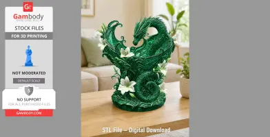 A detailed green dragon figure curled around with floral accents, designed for 3D printing.
