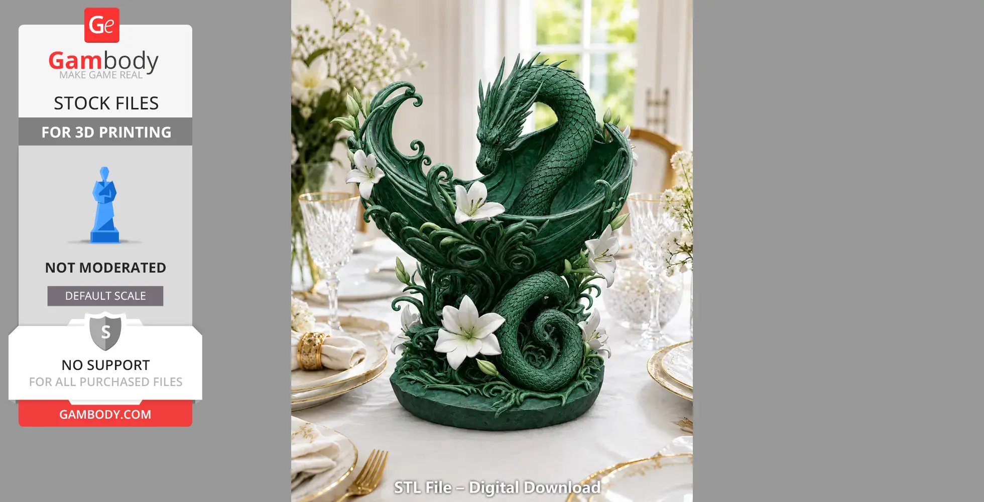 Green dragon in a swirling pose with floral accents on an elegant table setting.