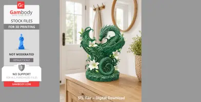 Green dragon sculpture with floral accents on a wooden surface. 3D model for printing.