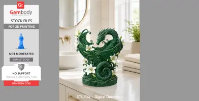 A green dragon sculpture intertwined with white flowers, designed for 3D printing as an organizer.