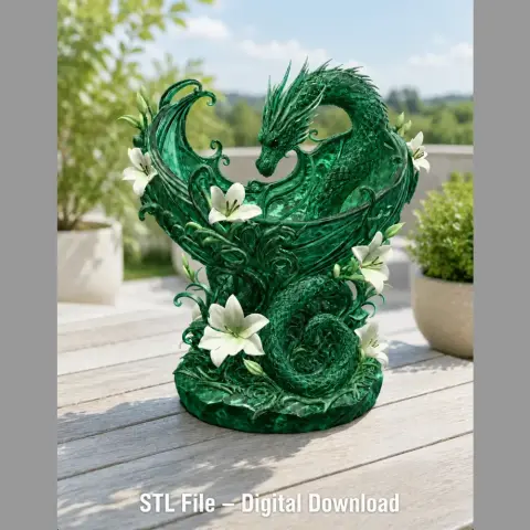 Green dragon entwined with white flowers, intricately designed for 3D printing as an organizer.