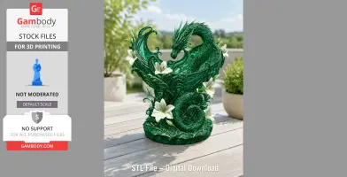 Green dragon-shaped organizer adorned with white flowers, designed for 3D printing.